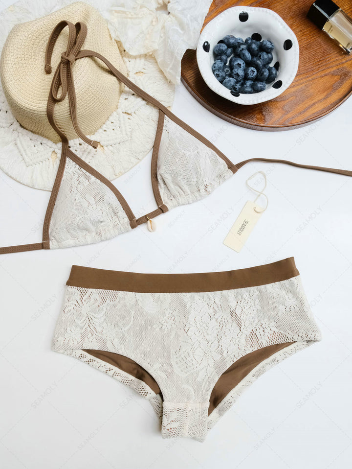 Seamolly Brown Contrast Binding Lace Shell Decor Cheeky Boyshorts Bikini Set
