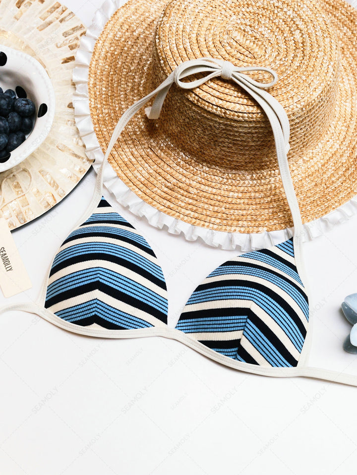 Seamolly Y2K Striped Triangle Push Up Top & Foldover Cheeky Boyshorts Bikini Set