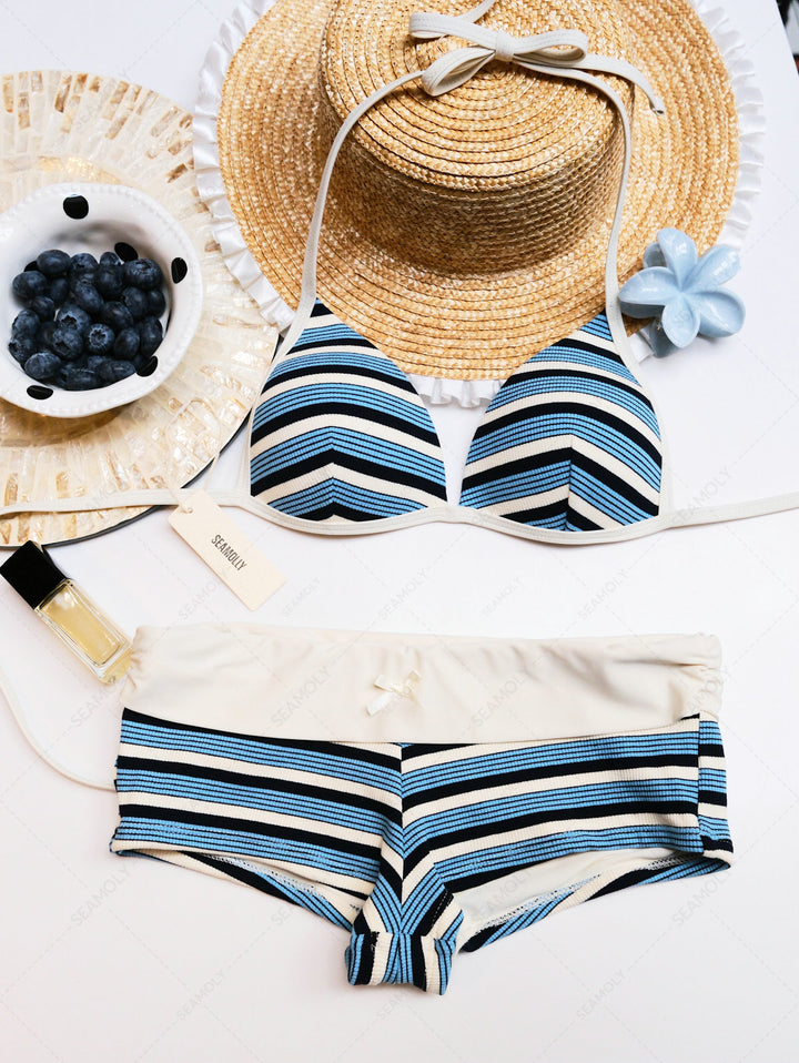 Seamolly Y2K Striped Triangle Push Up Top & Foldover Cheeky Boyshorts Bikini Set