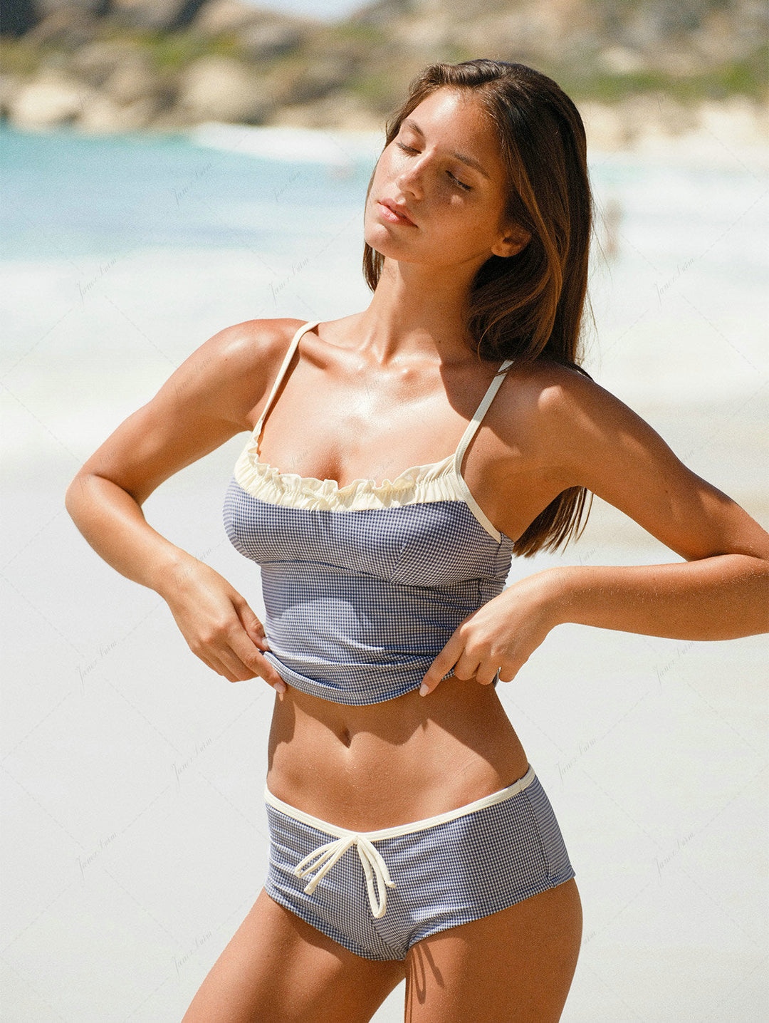 Deep Blue Vintage Plaid Spliced Ruffles Tank Top & Cheeky Boyshorts Tankini Set