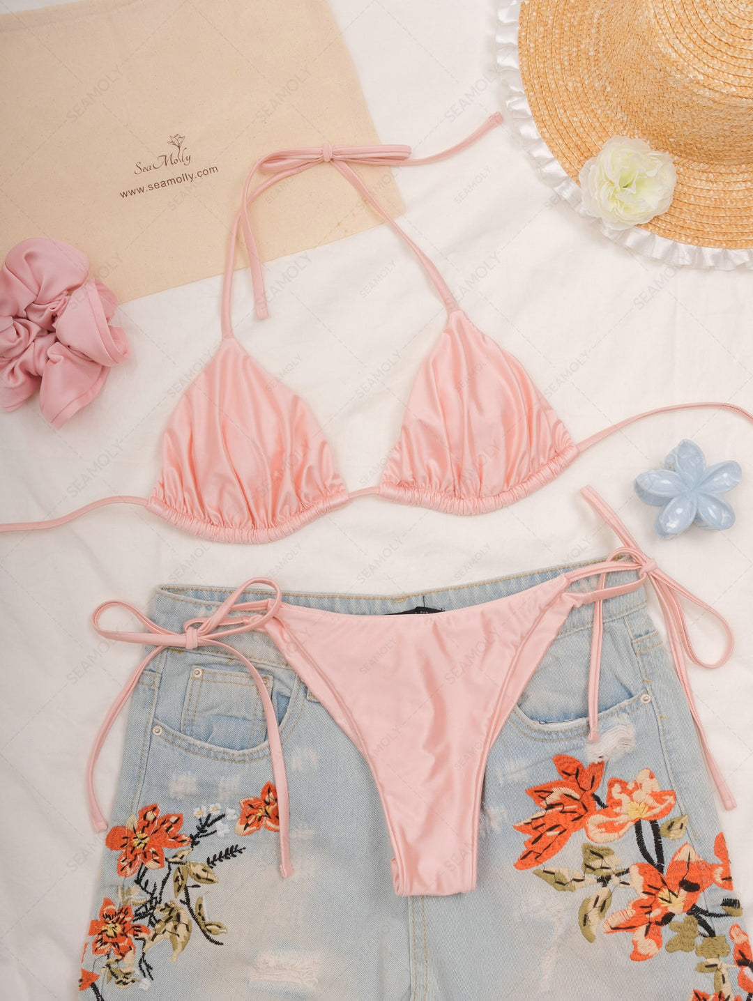 Seamolly Satin Ruched Halter Triangle Top & Cheeky Brazilian Bottom Bikini Set