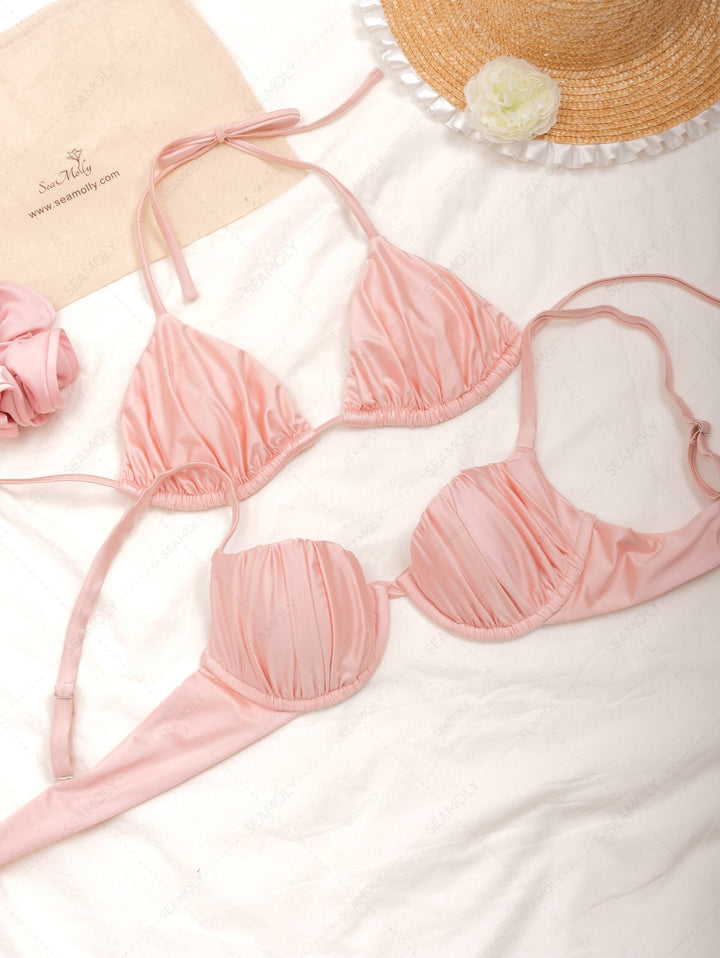 Seamolly Satin Ruched Halter Triangle Top & Cheeky Brazilian Bottom Bikini Set