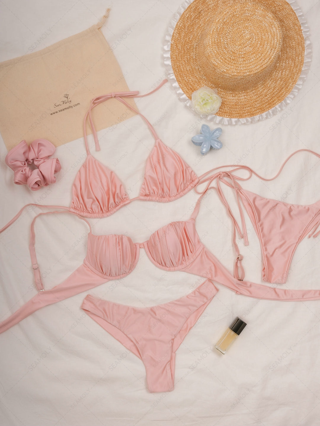 Seamolly Satin Ruched Halter Triangle Top & Cheeky Brazilian Bottom Bikini Set