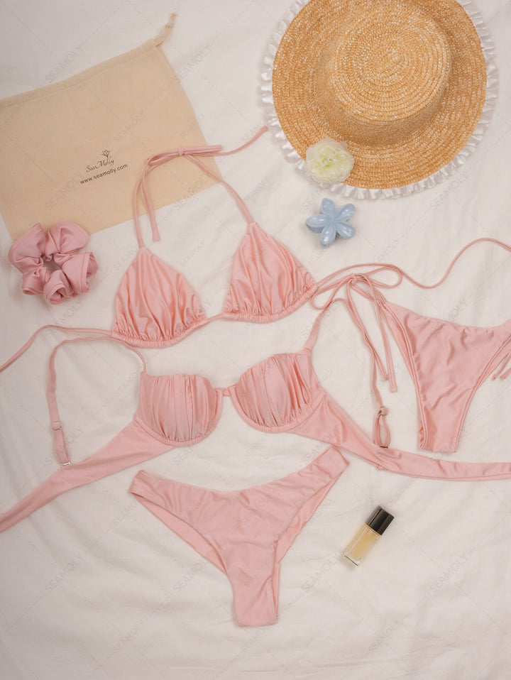 Seamolly Satin Ruched Halter Triangle Top & Cheeky Brazilian Bottom Bikini Set