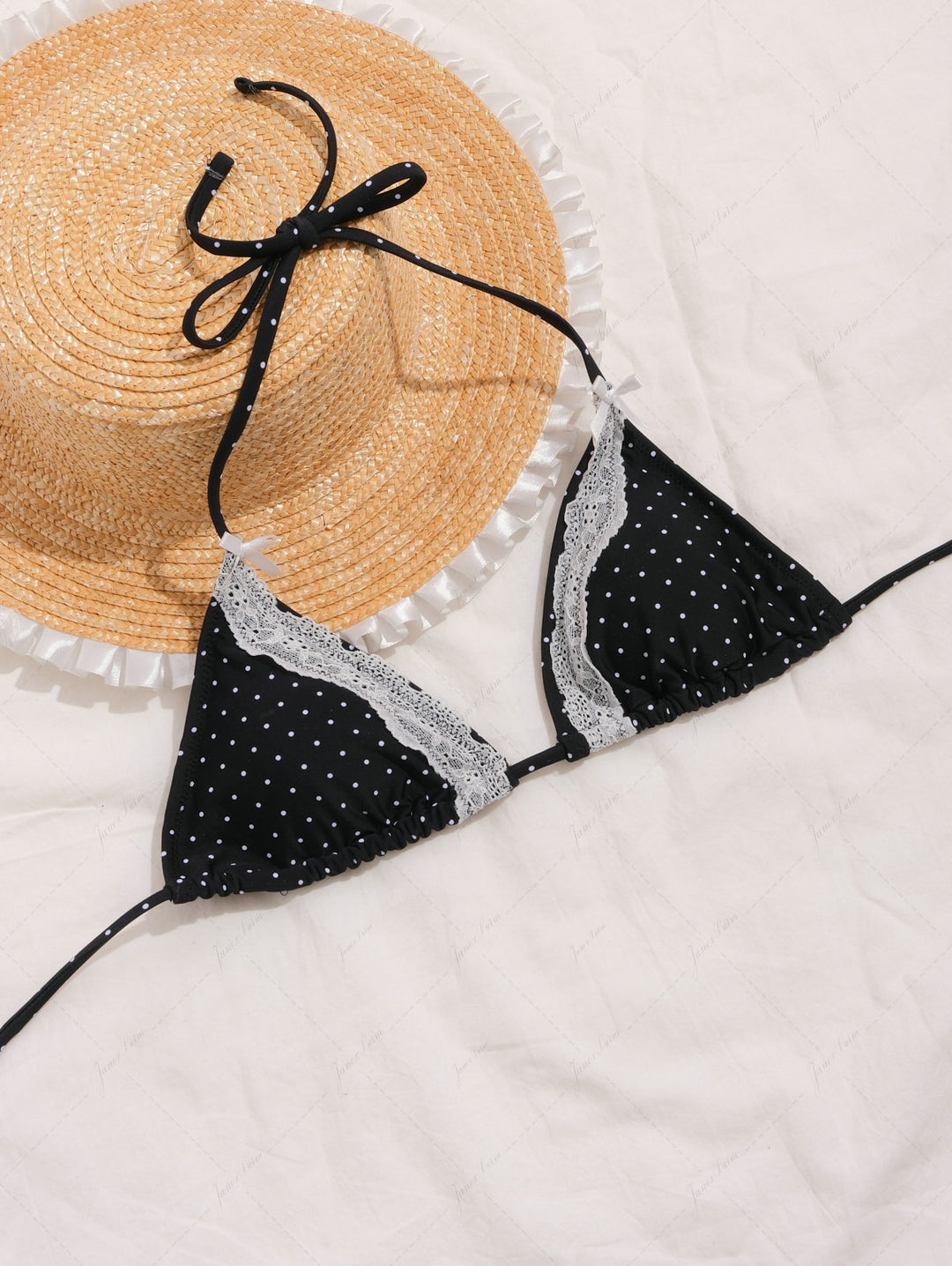Janex Black Polka Dot Print Lace Bowknot Triangle Cheeky Boyshorts Bikini Set