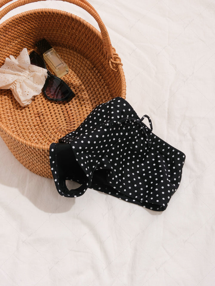 Janex Black Polka Dot Print Lace Bowknot Triangle Cheeky Boyshorts Bikini Set