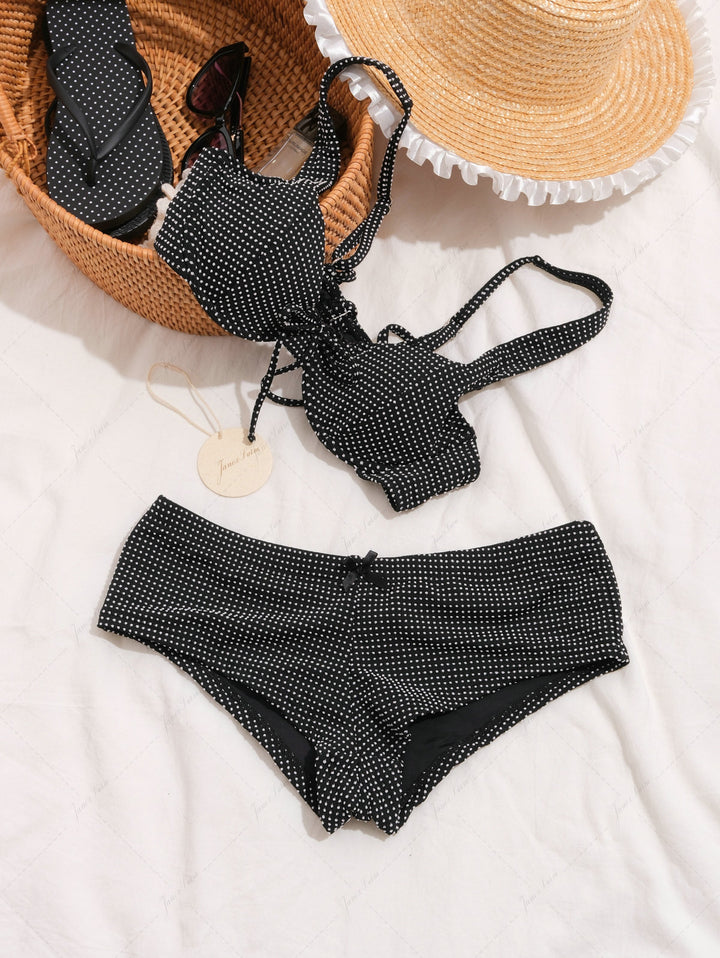 Janex Black Pin Dot Jacquard Fabric Picot Trim Underwire Bikini Set