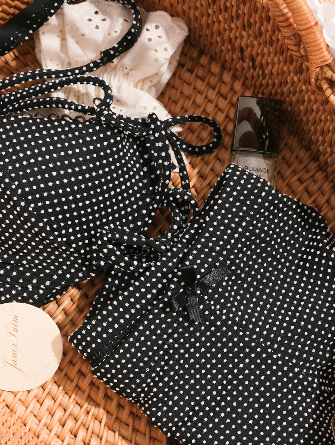 Janex Black Pin Dot Jacquard Fabric Picot Trim Underwire Bikini Set