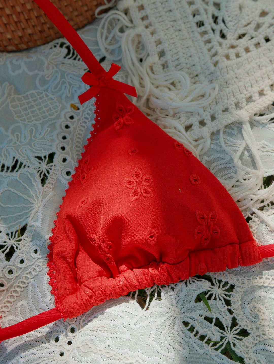 Seamolly Recycled Fabric Floral Jacquard Lace Trim Halter Triangle Cheeky Bikini Set