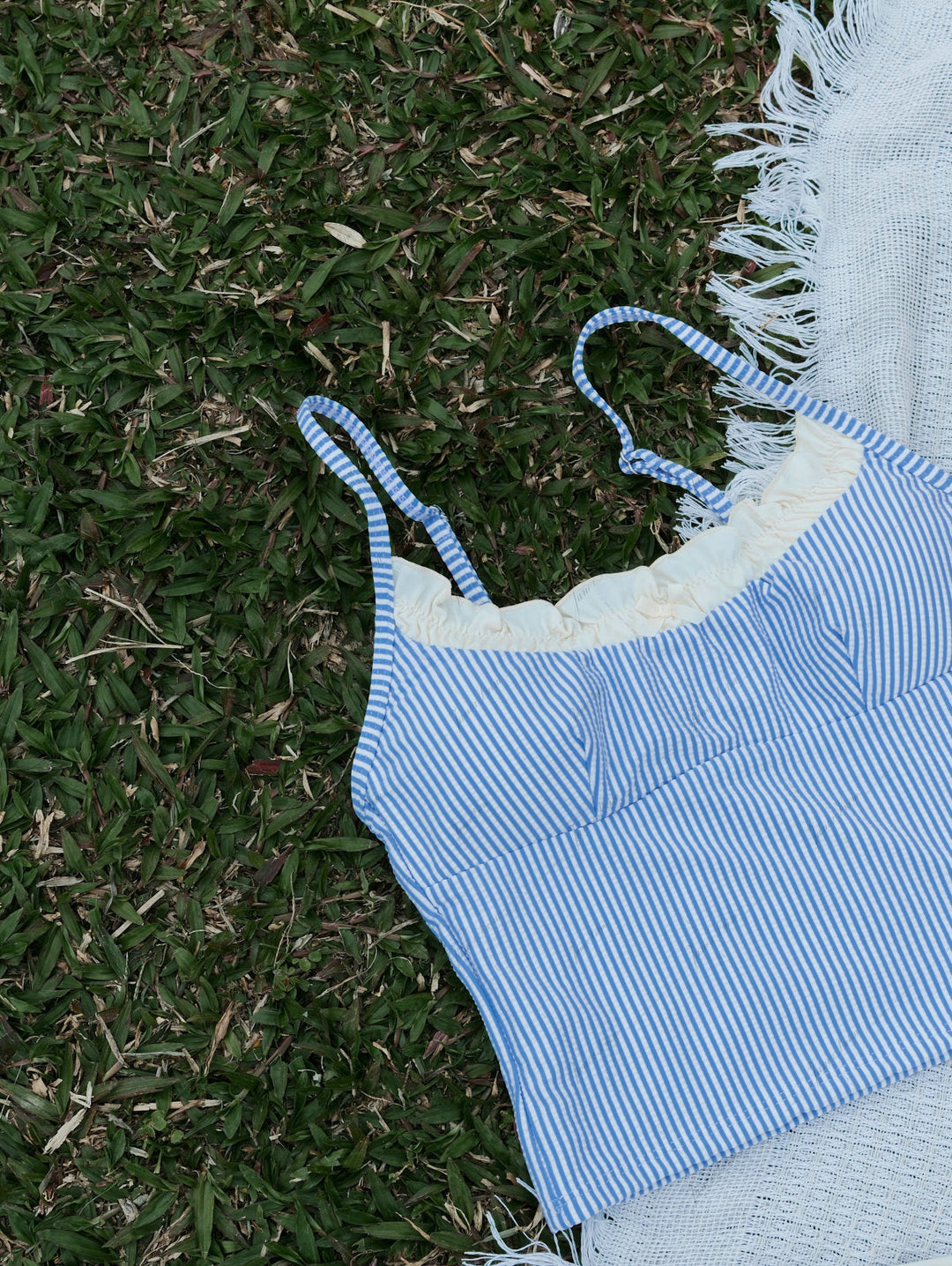 Light Blue Striped Spliced Ruched Ruffles Top & Cheeky Boyshorts Tankini Set