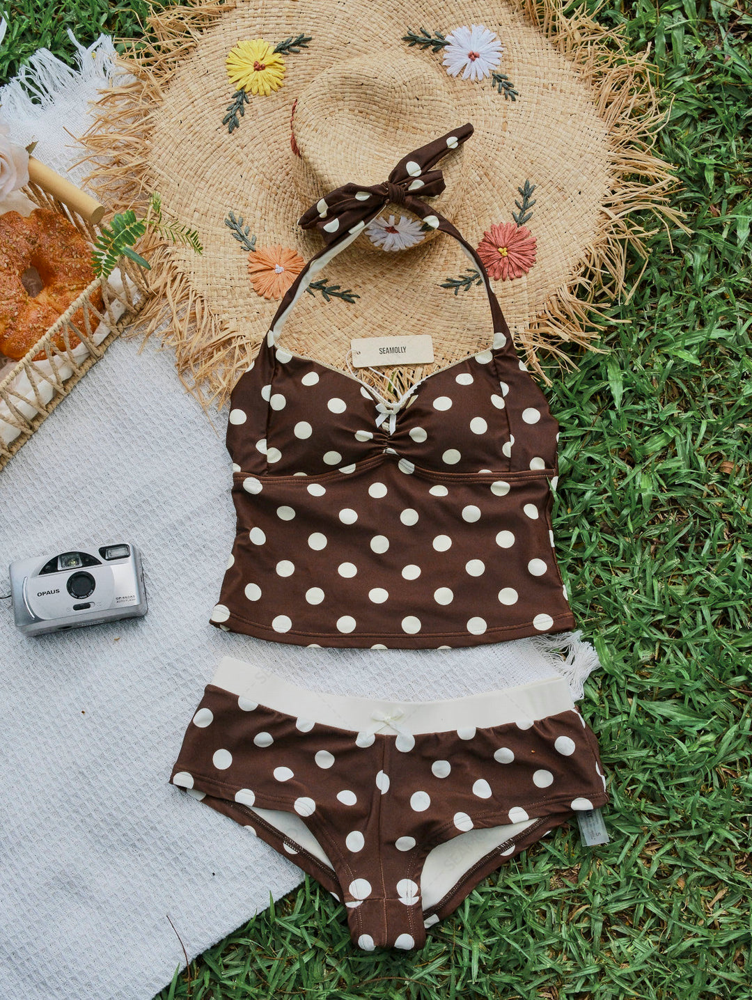Seamolly Polka Dot Ruched Lace Bowknot Halter Cheeky Boyshorts Tankini Set