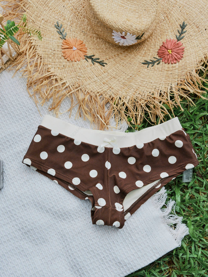 Seamolly Polka Dot Ruched Lace Bowknot Halter Cheeky Boyshorts Tankini Set