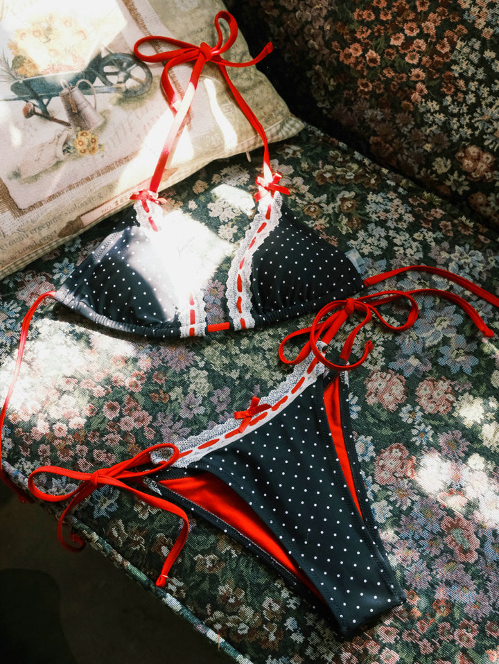 Janex Black Polka Dot Print Vintage Lace Bowknot Halter Triangle Bikini Set