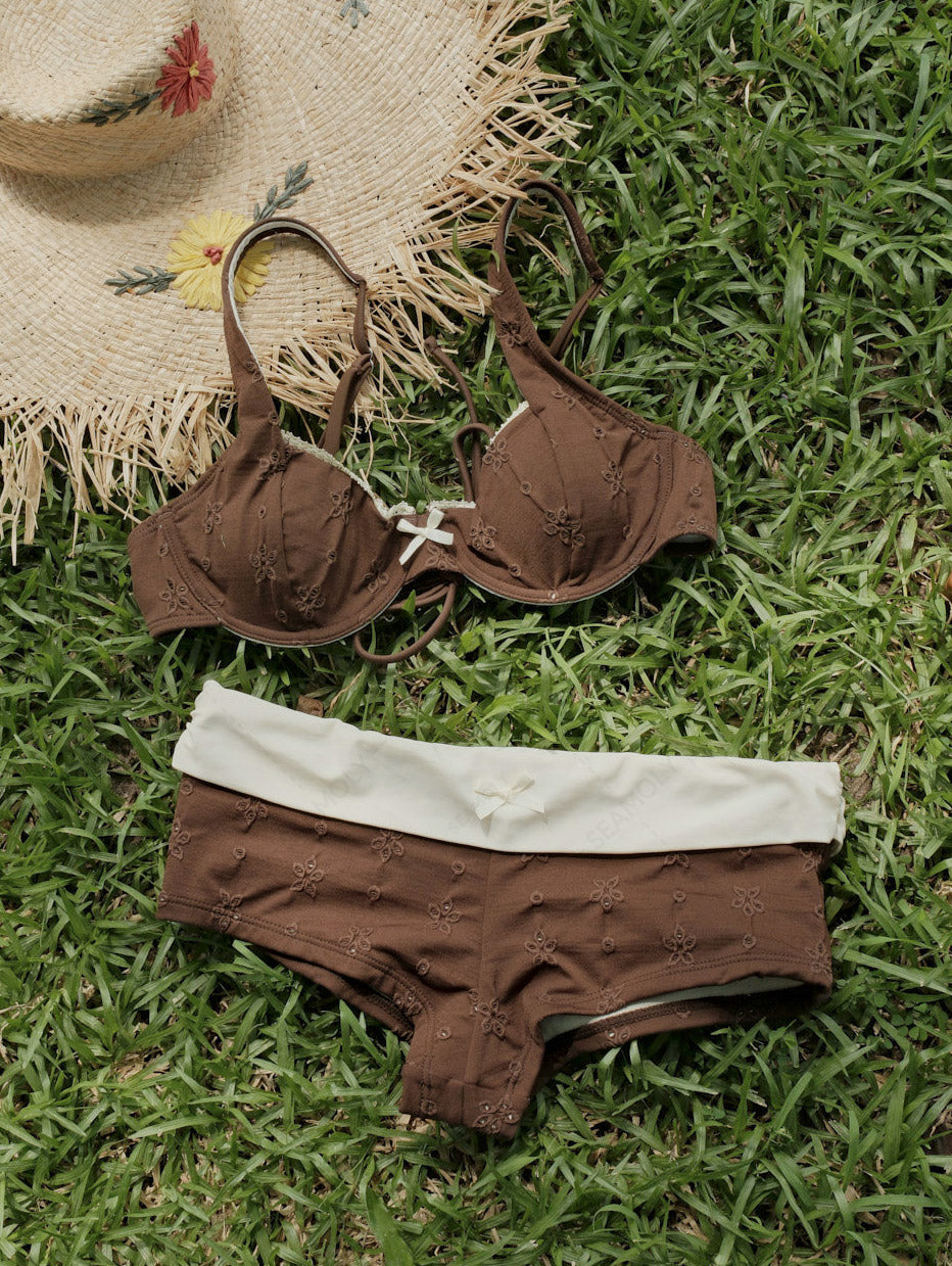 Seamolly 3 Piece Recycled Fabric Eyelet Jacquard Underwire Foldover Cheeky Boyshort Bikini Set