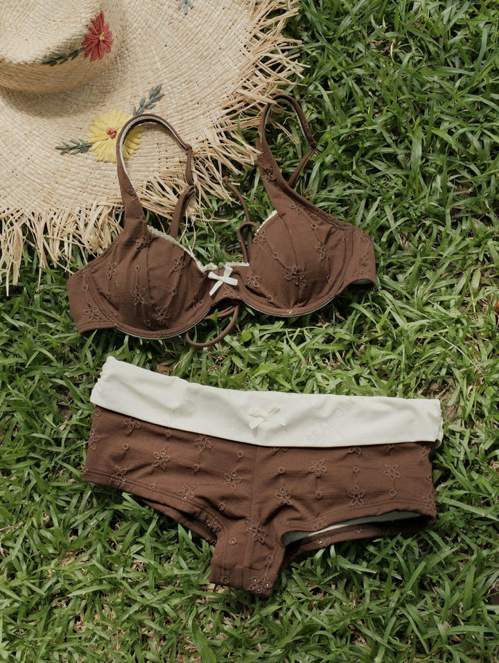 Seamolly 3 Piece Recycled Fabric Eyelet Jacquard Underwire Foldover Cheeky Boyshort Bikini Set