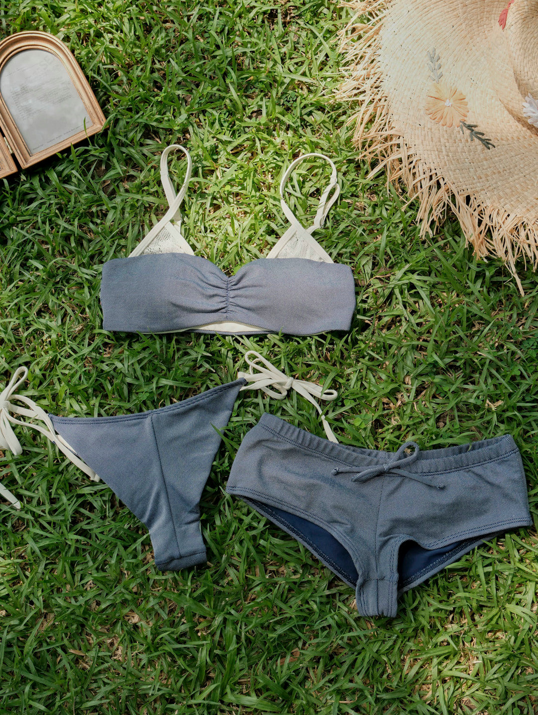 Seamolly Denim Lace Spliced Ruched Top & Cheeky Brazilian Bottom Bikini Set