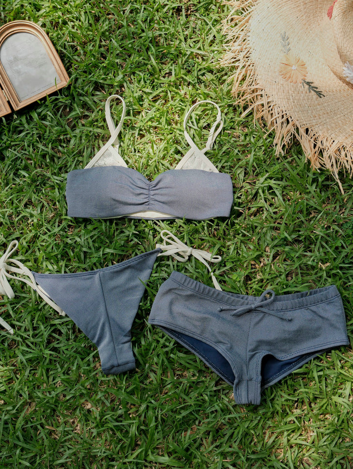 Seamolly Denim Lace Spliced Ruched Top & Cheeky Brazilian Bottom Bikini Set
