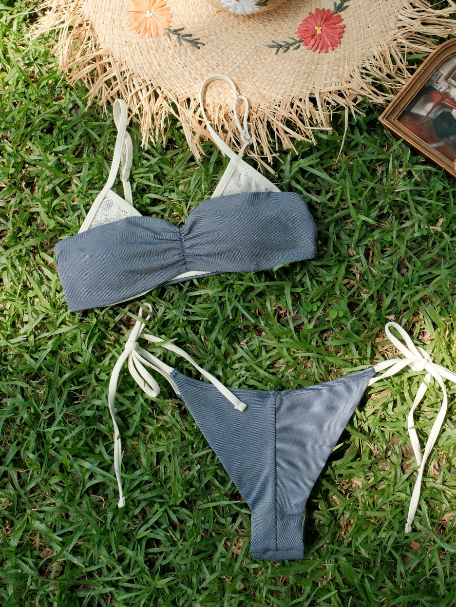 Seamolly Denim Lace Spliced Ruched Top & Cheeky Brazilian Bottom Bikini Set
