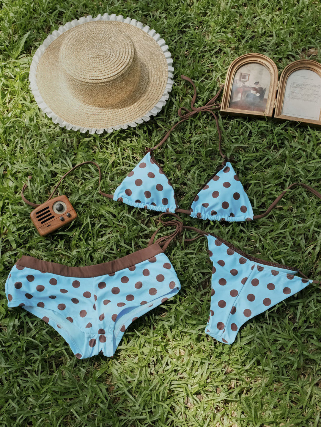Seamolly 3 Piece Polka Dot Lace Bowknot Triangle Brazilian Cheeky Boyshort Bikini Set
