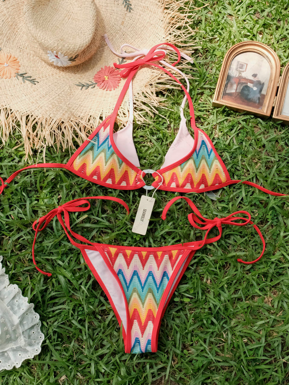 Seamolly Crochet Rainbow Chevron Contrast Binding O Ring Double Layer Bikini Set