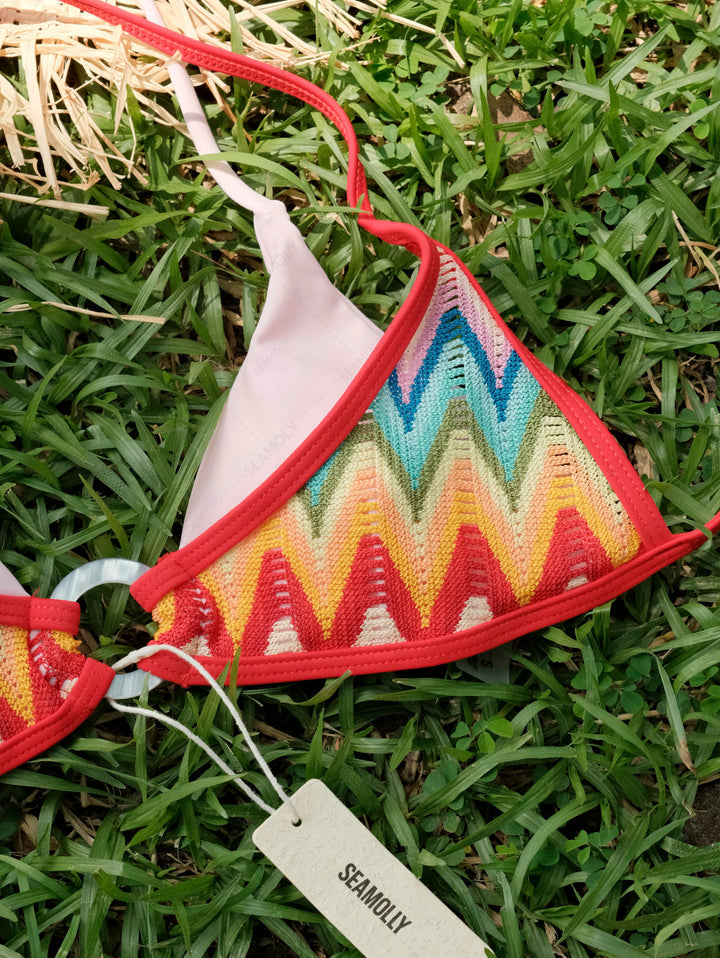 Seamolly Crochet Rainbow Chevron Contrast Binding O Ring Double Layer Bikini Set