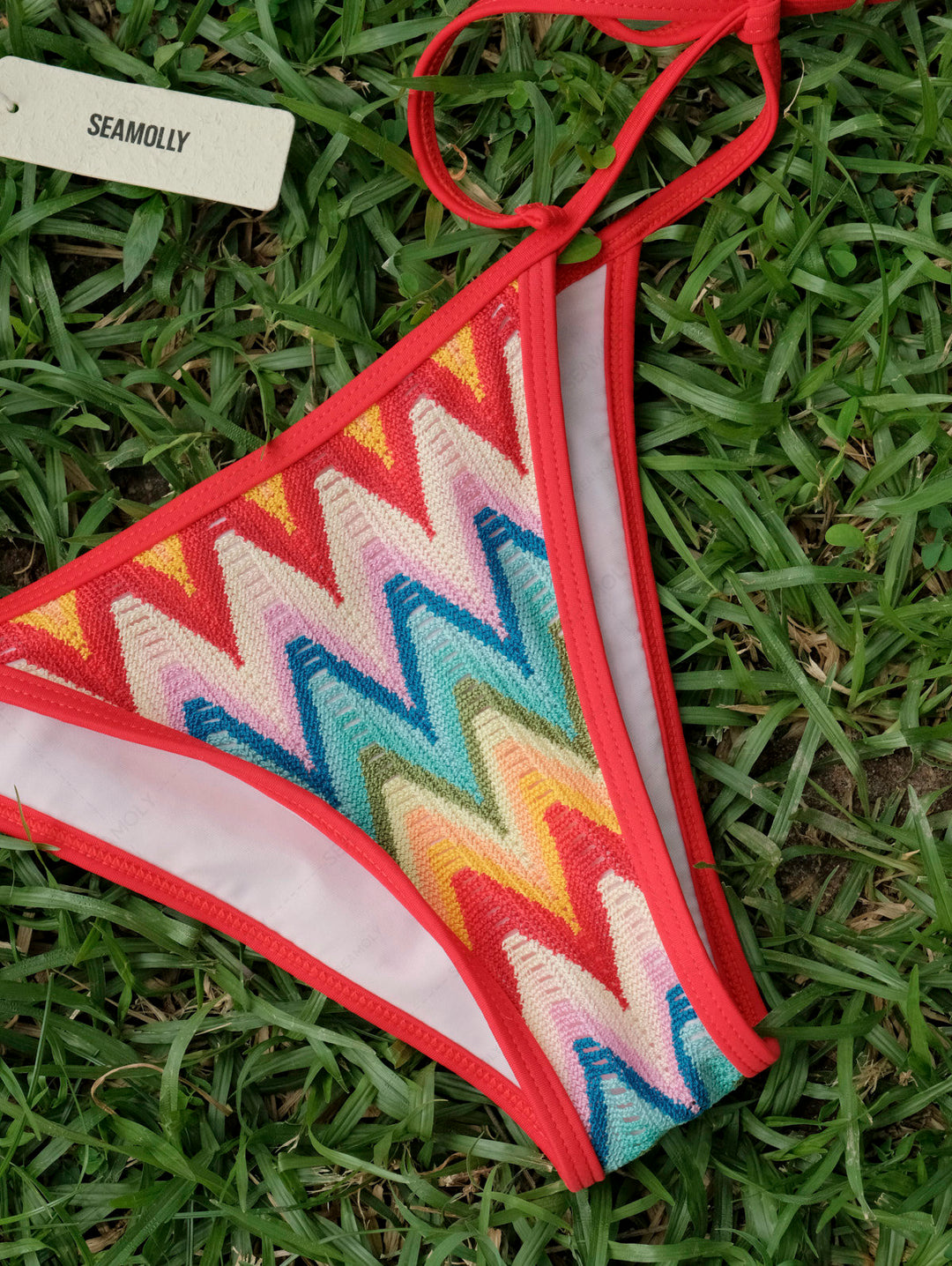Seamolly Crochet Rainbow Chevron Contrast Binding O Ring Double Layer Bikini Set