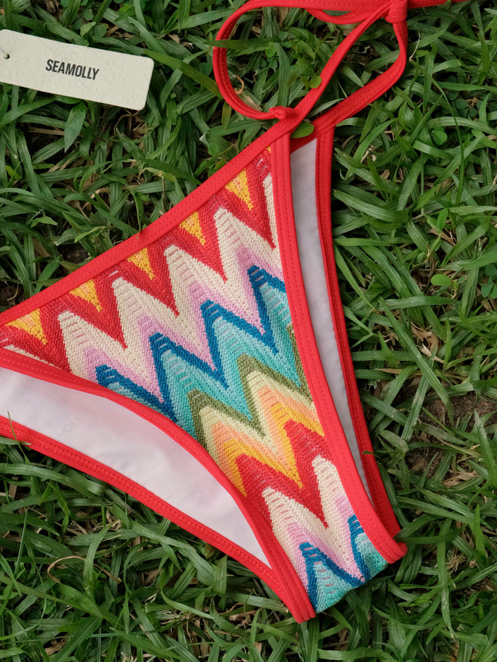 Seamolly Crochet Rainbow Chevron Contrast Binding O Ring Double Layer Bikini Set
