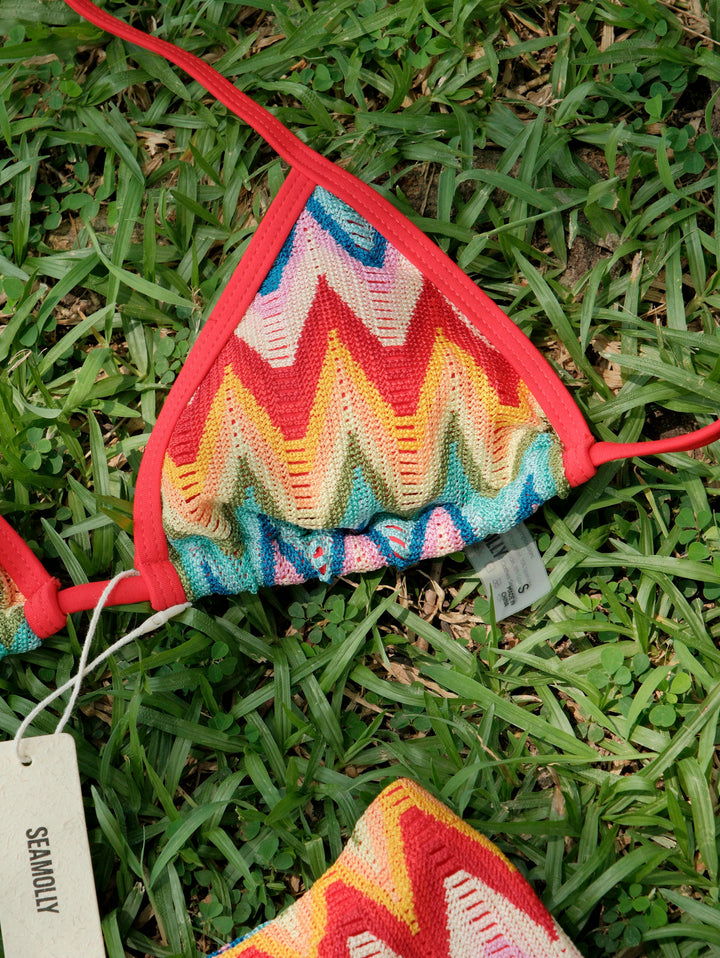Seamolly Crochet Rainbow Chevron Contrast Binding Cheeky Boyshorts Bikini Set