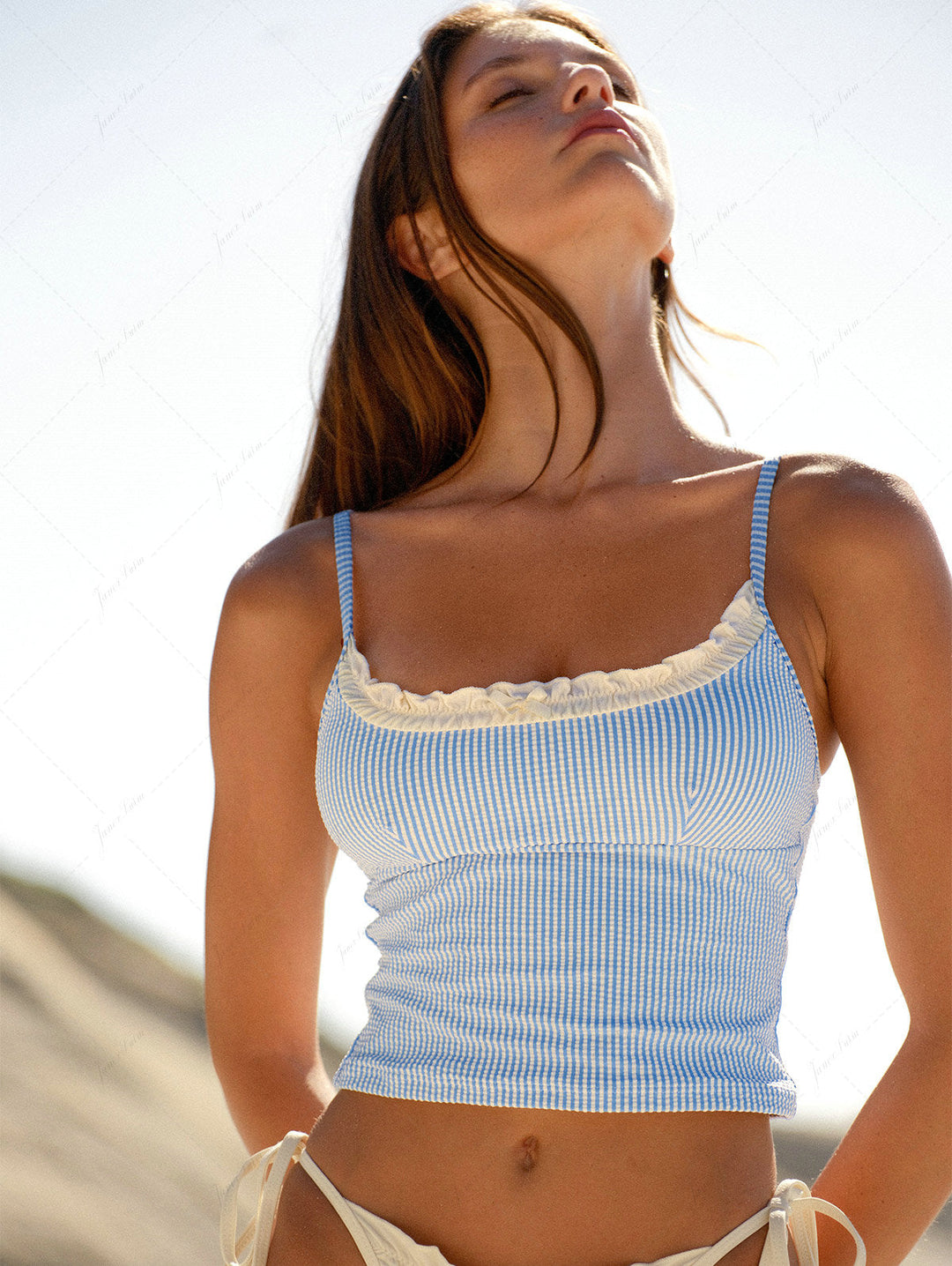 Light Blue Striped Spliced Ruched Ruffles Tie Side Tankini Set