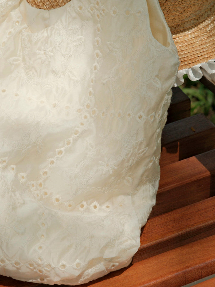 French Checkered Eyelet Floral Embroidery Vest-style Tote Bag