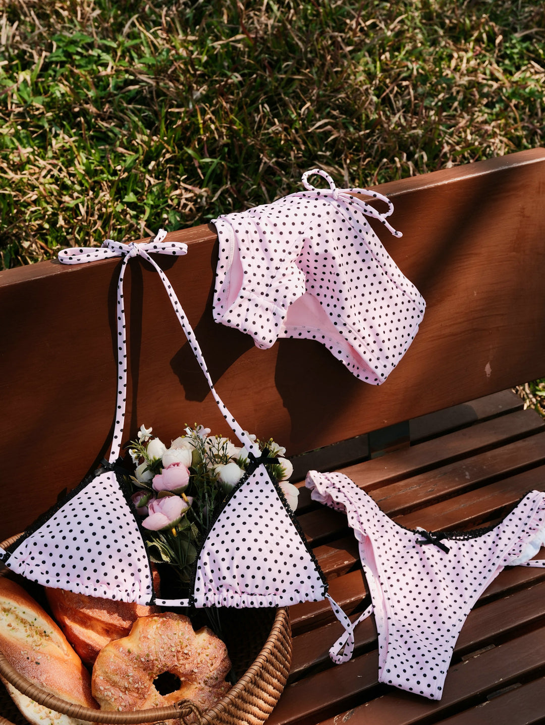 Seamolly 3 Piece Polka Dot Lace Ruffles Bowknot Triangle Cheeky Boyshort Bikini Set