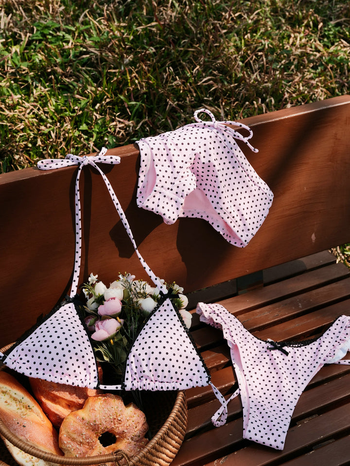 Seamolly 3 Piece Polka Dot Lace Ruffles Bowknot Triangle Cheeky Boyshort Bikini Set