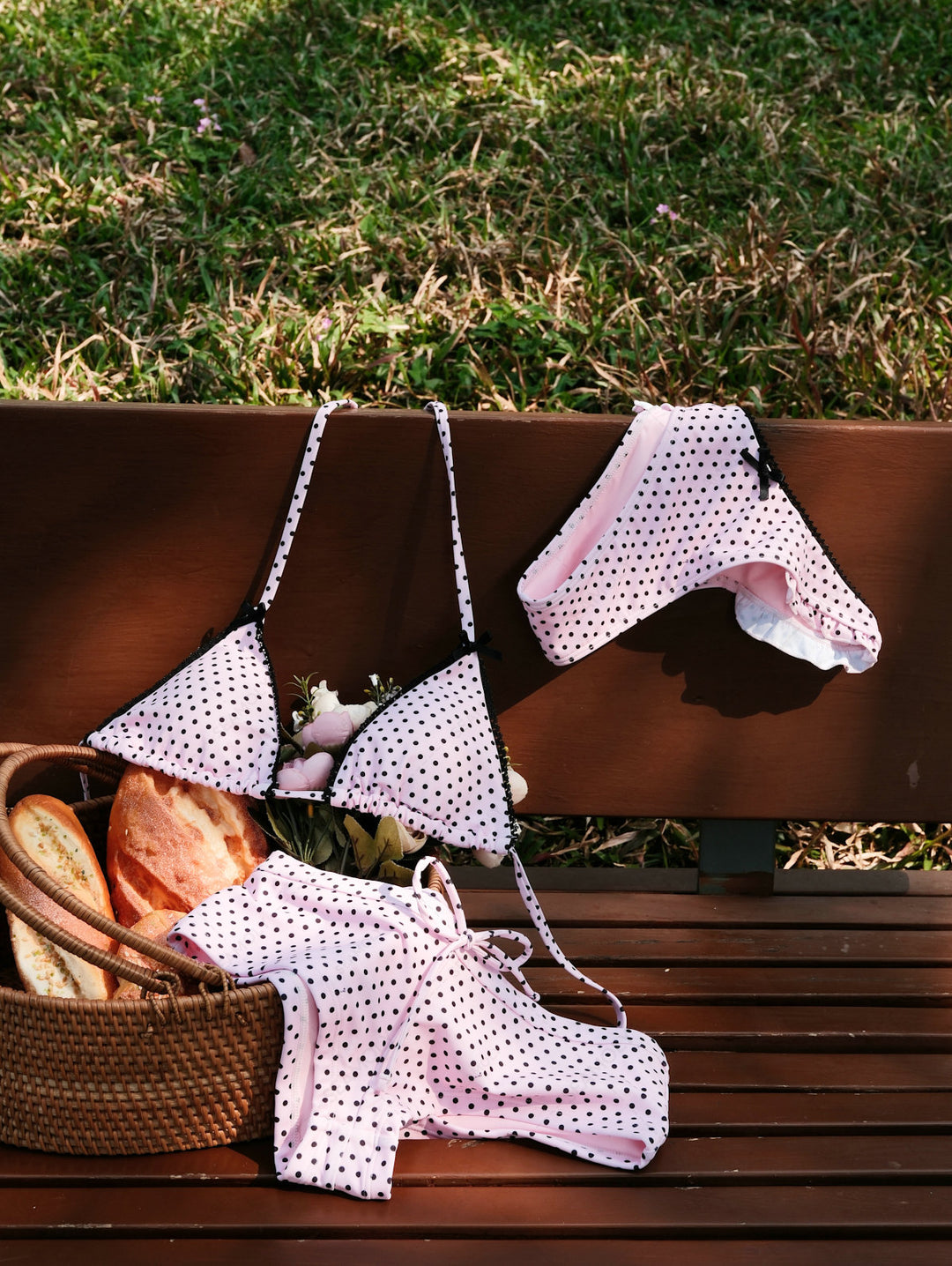 Seamolly 3 Piece Polka Dot Lace Ruffles Bowknot Triangle Cheeky Boyshort Bikini Set