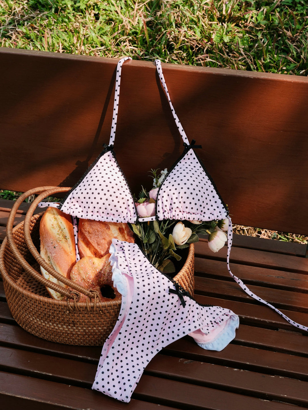 Seamolly Retro Vintage Inspired Polka Dot  Lace Bowknot  Halter Triangle Bikini Set