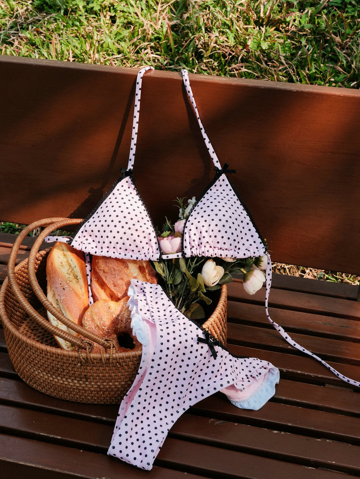 Seamolly Retro Vintage Inspired Polka Dot  Lace Bowknot  Halter Triangle Bikini Set