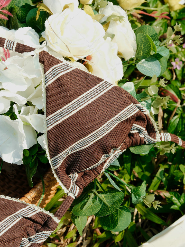 Deep Coffee Striped Lace Bowknot Halter Triangle Bikini Top