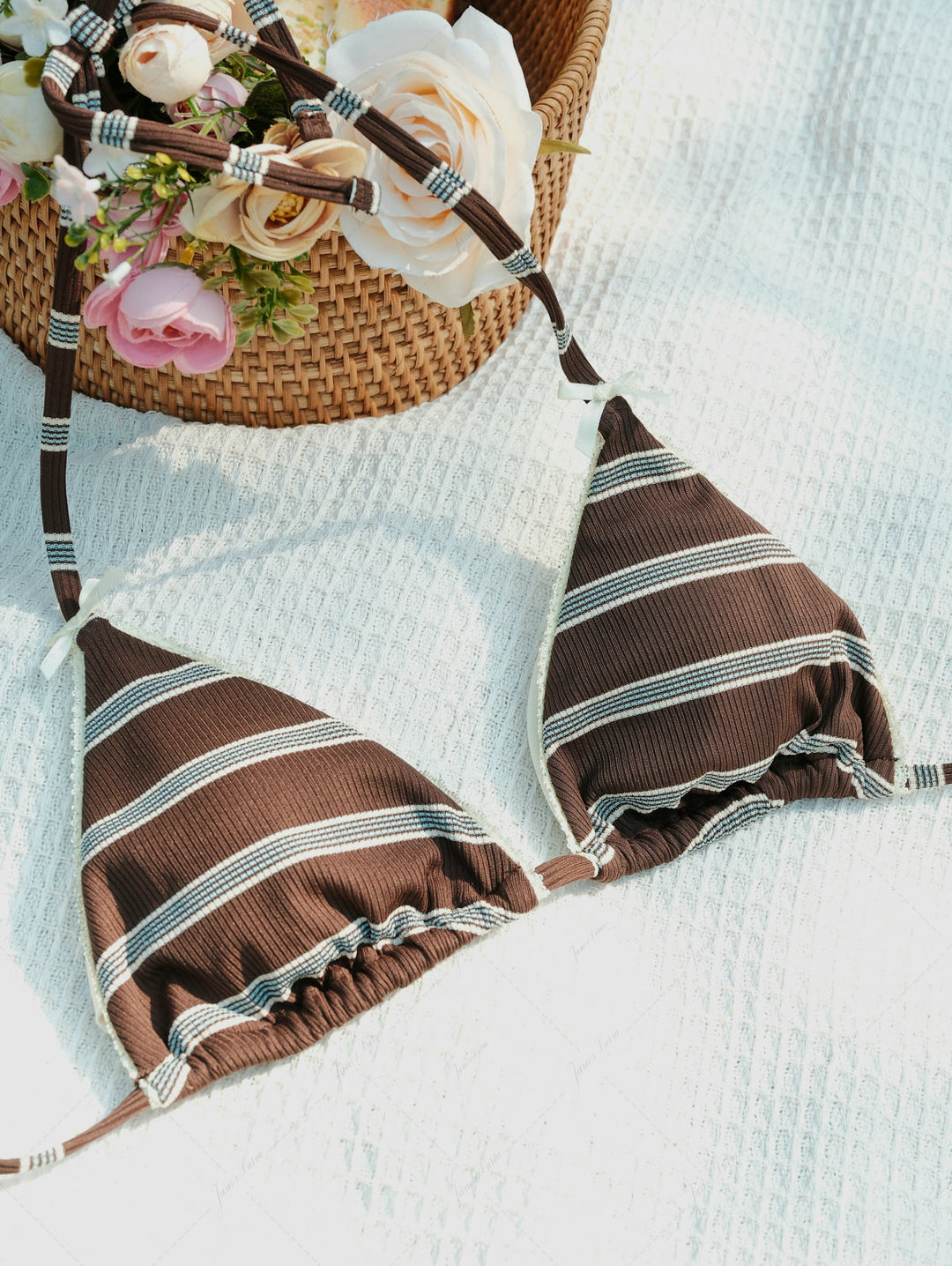 Deep Coffee Striped Lace Bowknot Halter Triangle Bikini Top