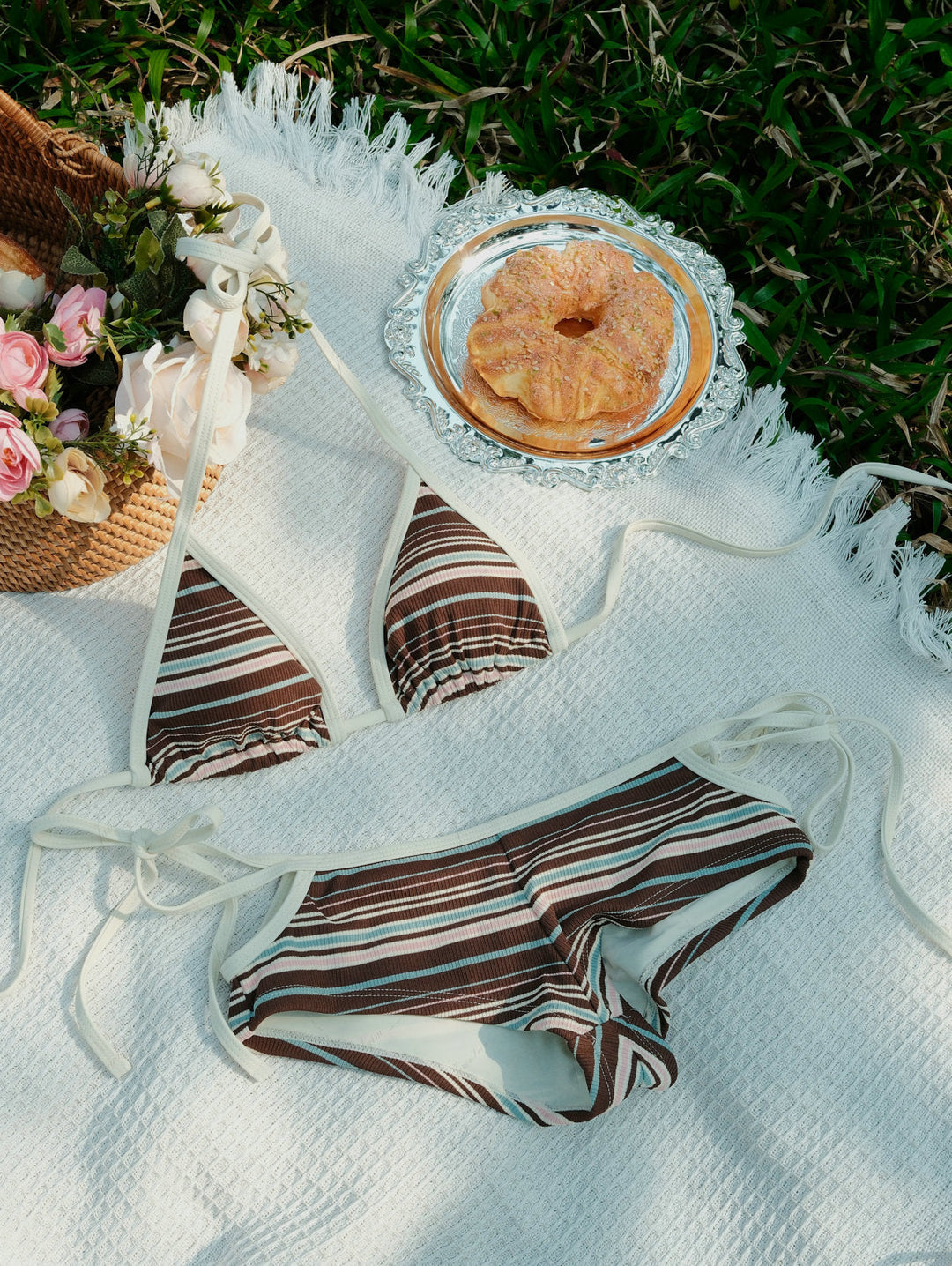Deep Coffee Ribbed Striped Contrast Binding Triangle Top & Cheeky Boyshorts Bikini Set