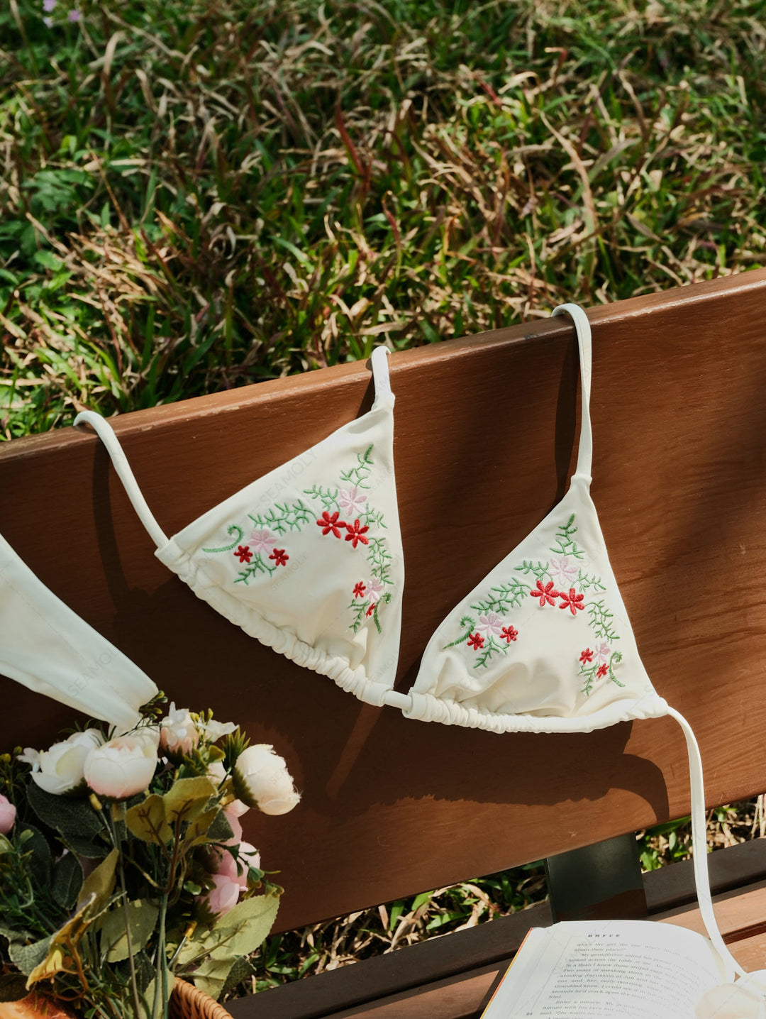 Seamolly Floral Leaf Embroidery Halter Triangle Top & Cheeky Brazilian Bottom Bikini Set