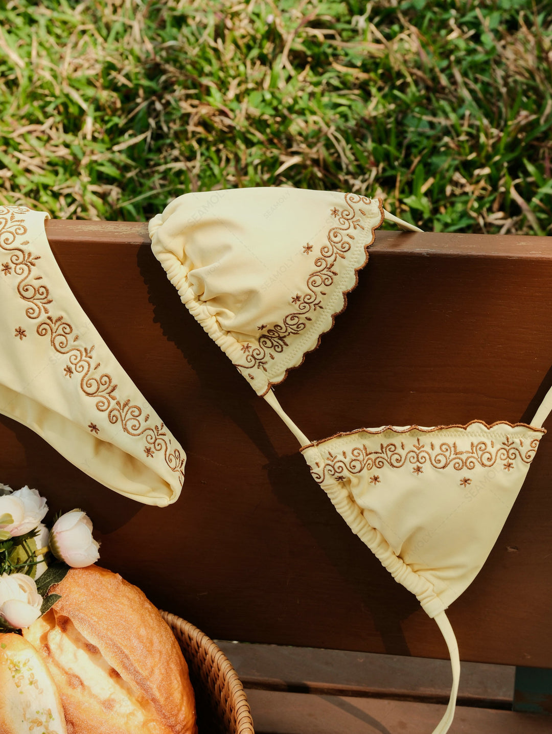 Seamolly Embroidered Scalloped Edge Halter Triangle Bikini Set