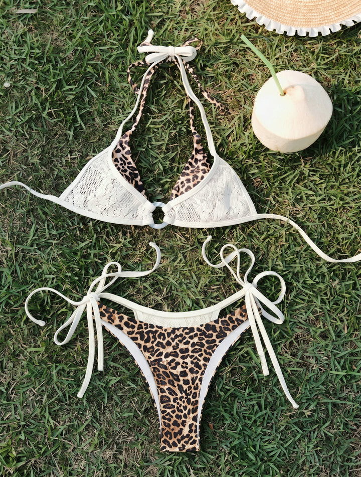 Coffee Leopard Print Contrast Lace O Ring Double Layer Bikini Set
