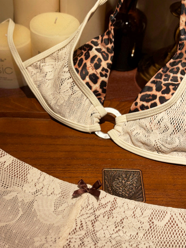 Crystal Cream Lace Leopard Print O Ring Double Layer Top & Cheeky Boyshorts Bikini Set