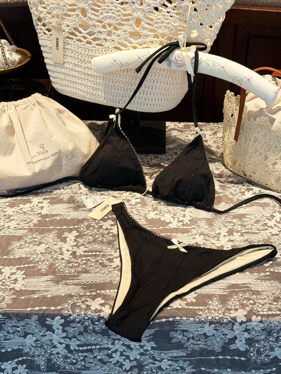 Seamolly Recycled Fabric Jacquard Picot Bowknot Triangle Bikini Set