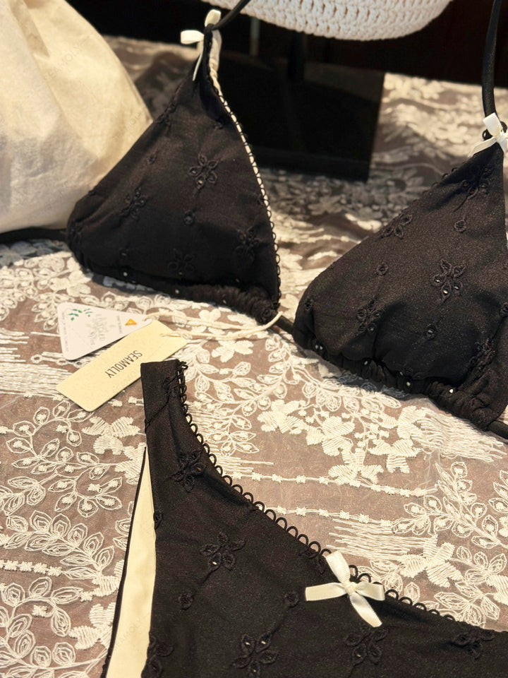 Seamolly Recycled Fabric Jacquard Picot Bowknot Triangle Bikini Set