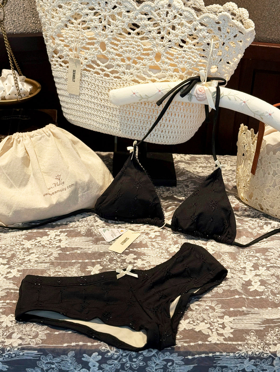Seamolly 3 Piece Recycled Fabric Jacquard Picot Bowknot Triangle Cheeky Boyshort Bikini Set