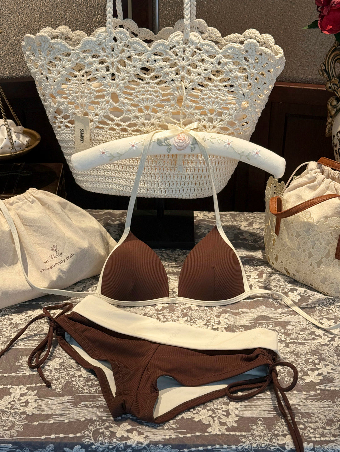 Seamolly Y2K Ribbed Push Up Top & Cinched Foldover Cheeky Boyshorts Bikini Set