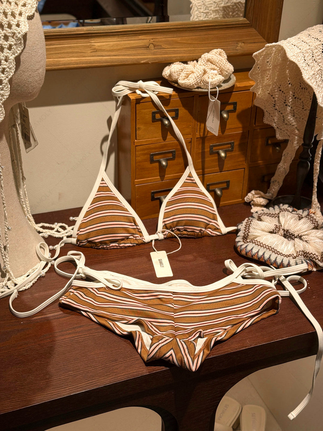 Seamolly Striped Contrast Binding Cutout Tied Cheeky Boyshorts Bikini Set