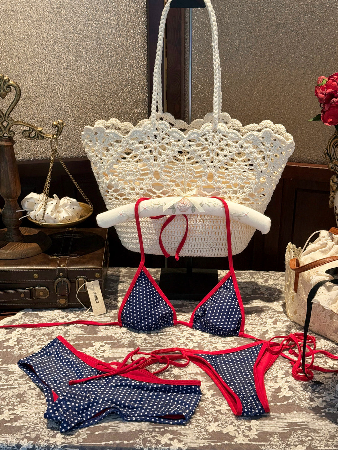 Seamolly 3 Piece Contrast Binding Polka Dot Triangle Cheeky Boyshort Bikini Set for 4th of July