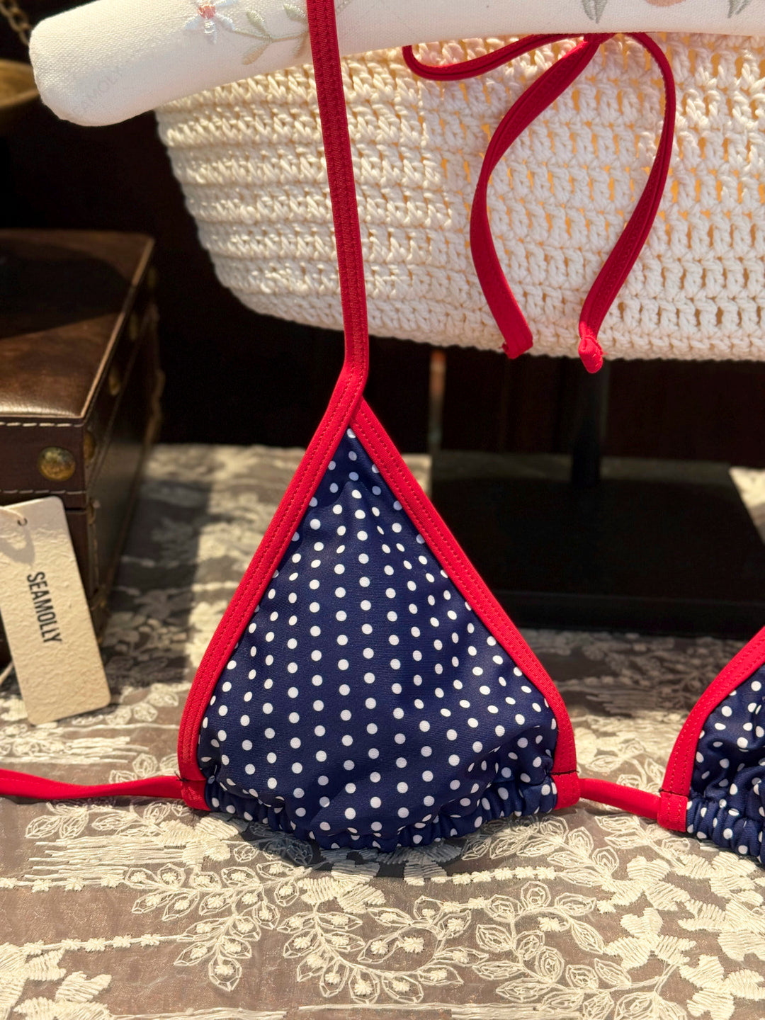 Seamolly 3 Piece Contrast Binding Polka Dot Triangle Cheeky Boyshort Bikini Set for 4th of July