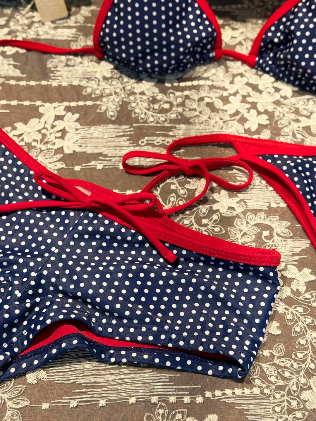 Seamolly 3 Piece Contrast Binding Polka Dot Triangle Cheeky Boyshort Bikini Set for 4th of July